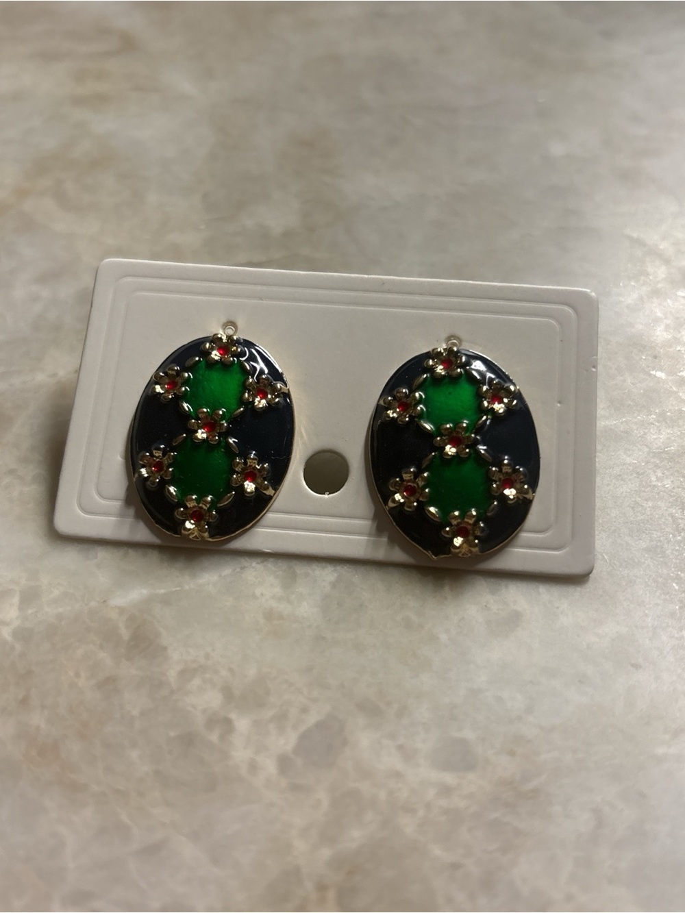 Vintage Gold-Tone Green and Black Floral Cluster Earrings